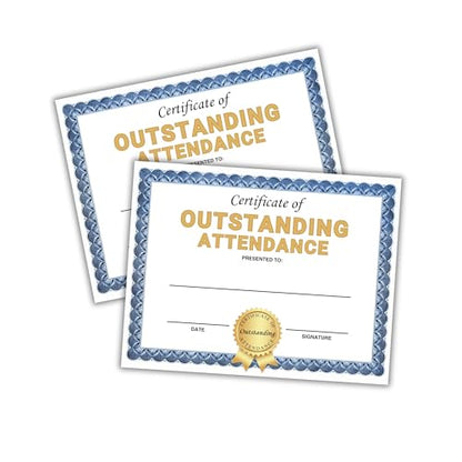 Outstanding Attendance Certificate 30pk 8.5x11” for The Year Perfect Adult Sunday School for Students Class On Time Punctuality Blue Border
