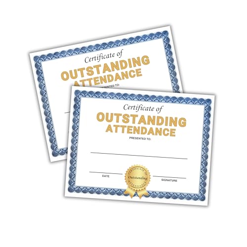 Outstanding Attendance Certificate 30pk 8.5x11” for The Year Perfect Adult Sunday School for Students Class On Time Punctuality Blue Border