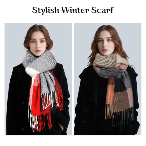 Clothirily Womens Winter Scarf, Oversized Long Blanket Plaid Shawl Wrap - color: Brown Grey Lattice