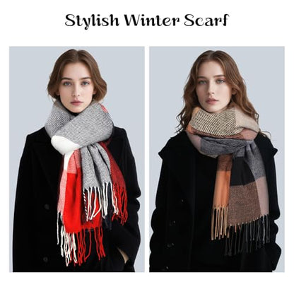 Clothirily Womens Winter Scarf, Oversized Long Blanket Plaid Shawl Wrap - color: Brown Grey Lattice