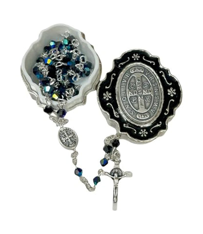 Catholic Silver Linked Rosary Set – 3mm Beads, 14.25" Length, Metal Keepsake Gift Box with Enamel Inlay – Perfect First Communion Gift (Saint Benedict) - color: Saint Benedict