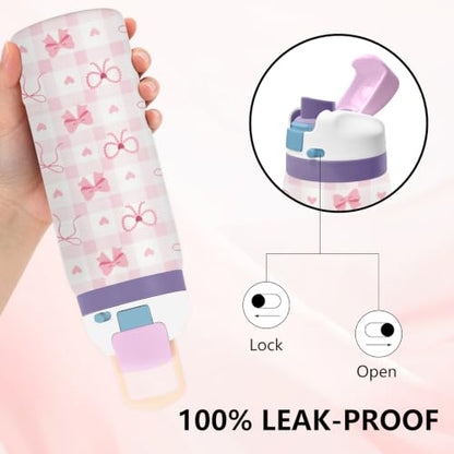 Bow 32oz Insulated Water Bottle, Women Gift, Handle and 2-in-1 Lid, 1PCS - color: Bow-Pink