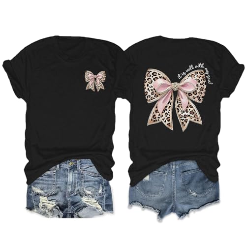 Leopard Bow Shirt Cheetah Bow Shirt Christian Shirts for Women Faith Bible Verse Shirts God Coquette Graphic Tees - color: Black, size: X-Large