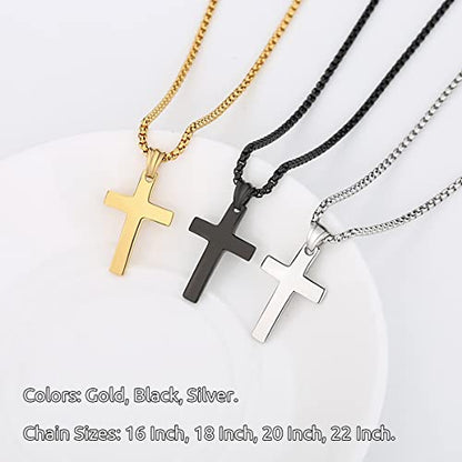 REVEMCN Christian Black Gold Silver Cross Necklace for Boys & Men, 16-22" - color: Black - cambered cross pendant, size: 18 inches