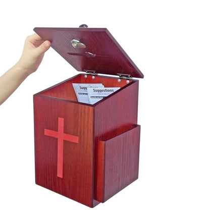 Wood Church Collection Fundraising Box Donation Charity Red Cross Sticker Flexible Application Christian Church Tithes & Offering Prayer 7.5"W x 7.5"H x 9-7/8" D Wallmount 1040S+16053