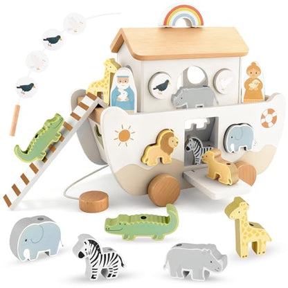 Wooden Noah's Ark Toy for Toddlers 1-3, Baptism Gift for Boys and Girls