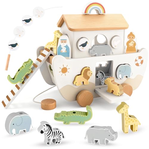 Wooden Noah's Ark Toy for Toddlers 1-3, Baptism Gift for Boys and Girls