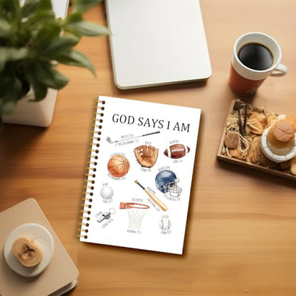 God Says I Am Christian Sports Notebook, Inspirational Bible Journal for Women Men Kids, Golf Football Basketball Baseball Lover Gifts Hardcover Spiral Notebooks Journals, 5.5x8.3 Inch - color: Christian Sports