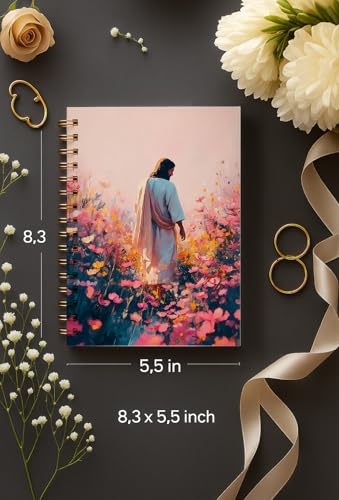 bitCNY Inspirational Jesus Notebook 8.3x5.5 Inch – Jesus in Flower Garden Spiral Journal, Pastel Christian Notebook with Lined Pages for Prayer & Study - color: white-Jesus in Flower Garden