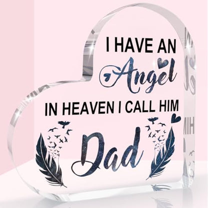 Sympathy Memorial Gift for Loss Loved One Father Heart Shaped Acrylic Sign - color: Angel Dad