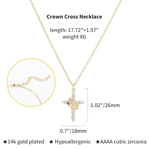 Upgraded Crown Cross Necklace for Women, CZ Pendant 18+2 - color: gold