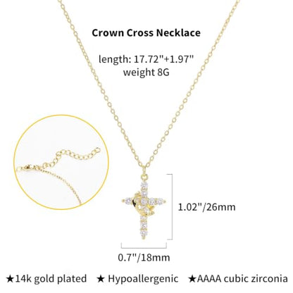 Upgraded Crown Cross Necklace for Women, CZ Pendant 18+2 - color: gold