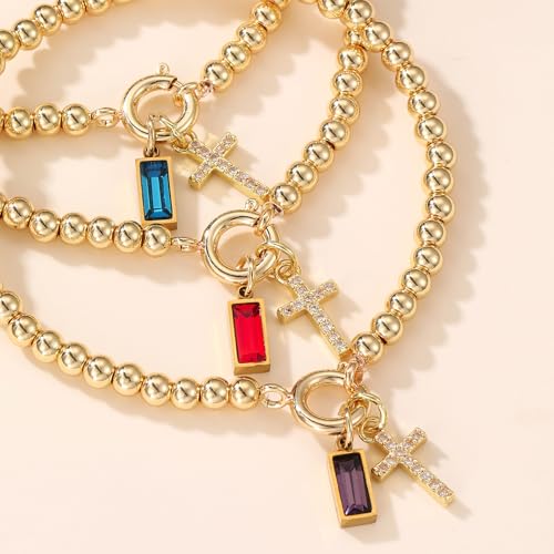 Korotho Cross Birthstone Bracelet for Women - Dainty Elastic 14K Gold Plated Bead Bracelets Trendy Waterproof Non Tarnish Birthday Jewelry Gifts Birthday Christmas Stocking Stuffer for Mom Friends - color: 02-February(Amethyst)