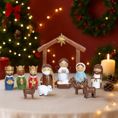 Christmas Nativity Scene Set 14 Piece Nativity Scene with Manger for Nativity Scene Indoor Decor Nativity Story Figures Nativity Set Decoration Mini Miniature Religious Christmas Holy Family Figurines - style: cartoon