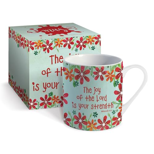 Christian Coffee Mug with Gift Box, 12 oz Ceramic, with Bible Verse - color: Green / Joy