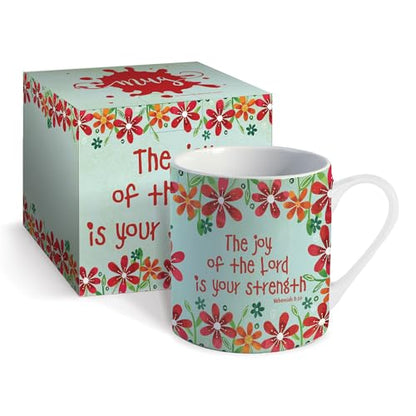 Christian Coffee Mug with Gift Box, 12 oz Ceramic, with Bible Verse - color: Green / Joy