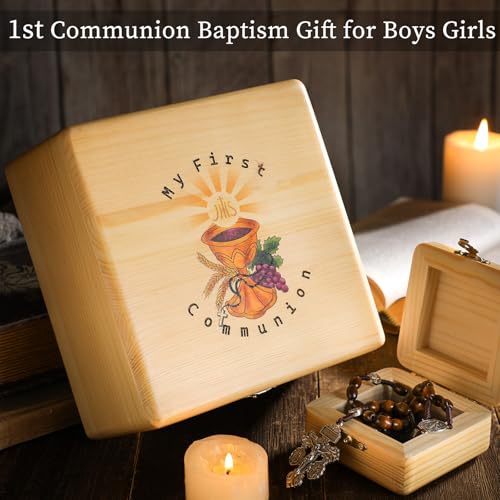 Wonderjune First Communion Wooden Keepsake Box First Holy Communion Gift Cross Rosary Jewelry Box Baptism Gift Memory Storage(Large)