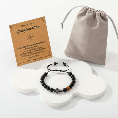 P. BLAKE Cross Bracelet for Boys Men, American Flag Cross Natural Beads Bracelet Christian Religious Birthday Jewelry Gifts for Teen Boys - style: Confirmation
