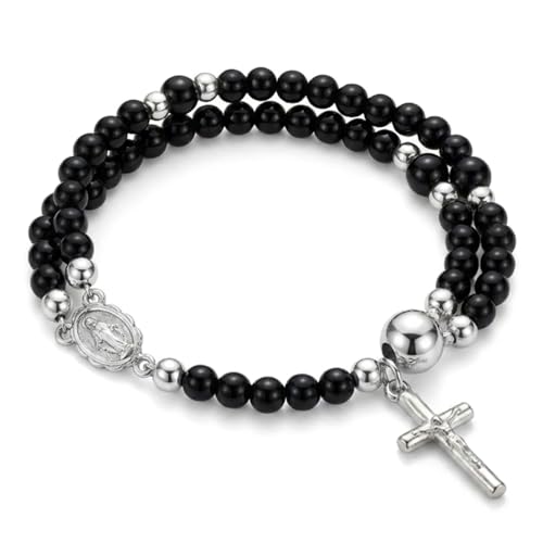 Cross Rosary Bracelet for Women Handcrafted Crystal Virgin Mary Cross Beaded Bracelets Christian Faith Link Bracelets Crucifix Religious Christian Faith Jewelry - color: Black