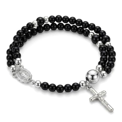 Cross Rosary Bracelet for Women Handcrafted Crystal Virgin Mary Cross Beaded Bracelets Christian Faith Link Bracelets Crucifix Religious Christian Faith Jewelry - color: Black