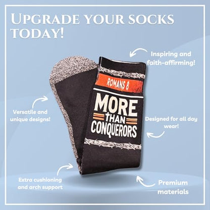 Bible Verse Socks for Men, Christian Scripture Crew Socks, Faith Gift - color: More Than Conquerors