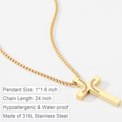 Baseball Bible Verse Cross Necklace for Boys Men, Stainless Steel Cross Pendant Baseball Game Day Christian Religious Jewelry Gifts for Teen Boys Kids - color: Gold, style: PHILIPPIANS 4:13