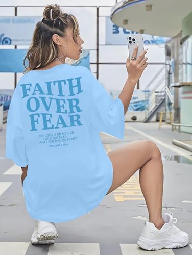 BANGELY Faith Over Fear Shirt Women Graphic Shirts Oversized Workout Gym Christian Religious Tees Drop Shoulder Tee Tops - color: Little-blue, size: Small