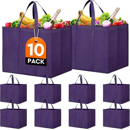 Reusable Grocery Shopping Bags 10 Pack Large Foldable Tote Bags Bulk - color: Purple
