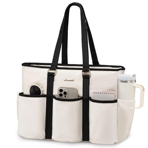 LOVEVOOK Work Tote Bag for Women, 15.6 inch Laptop Bag for Women, Teacher Tote Bag Nurse Bag, Utility Tote For Work/Travel/College/Daily, Professional Computer Purse Large Handbag With Multi Pocket - color: Beige-black, size: 15.6 Inch