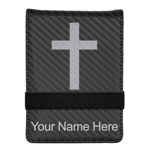LaserGram Mini Padfolio with Notepad and Pen, Christian Cross, Personalized Engraving Included (Carbon Fiber Black with Silver) - color: Carbon Fiber Black With Silver