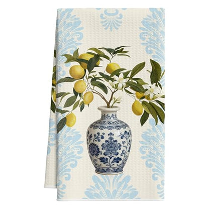 Lemon Kitchen Towels, Blue White Chinoiserie Porcelain Dish Towels, 12 - color: Yellow Lemon
