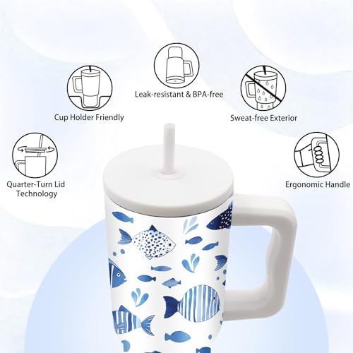 Fish Tumbler with Handle and Straw 24oz, Gifts for Ocean Lovers, Insulated - color: Fish
