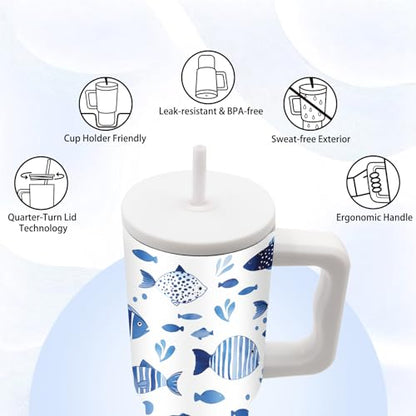 Fish Tumbler with Handle and Straw 24oz, Gifts for Ocean Lovers, Insulated - color: Fish