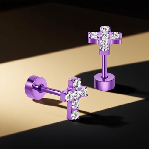 XUU Purple Stud Earrings 20G ASTM F136 Implant-Grade Titanium - color: purple cross