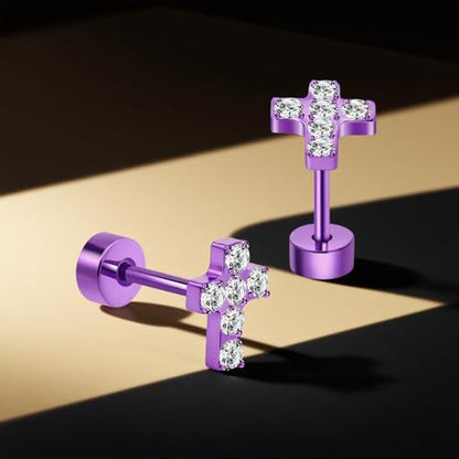XUU Purple Stud Earrings 20G ASTM F136 Implant-Grade Titanium - color: purple cross