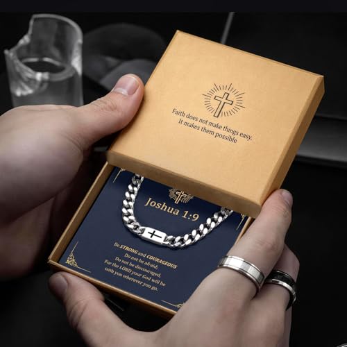 Stainless Steel Cuban Chain Cross Necklace for Mens Curb Link Waterproof - style: Joshua 1:9