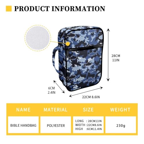 Coldinair Camouflage Shark Bible Cover for Men Large Bible Case Scripture Study Carrying Book Cover Church Bag Protective with Handle and Zippered Pocket - color: Camouflage Shark