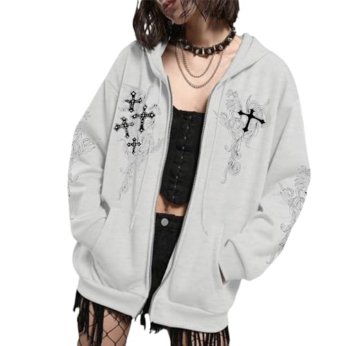 Zip Up Hoodies Y2k Jacket Graphic Gothic Jackets Grunge Cross Hoodie Baggy Streetwear Emo Sweater Aesthetic Clothes - color: Light Gray, size: Medium