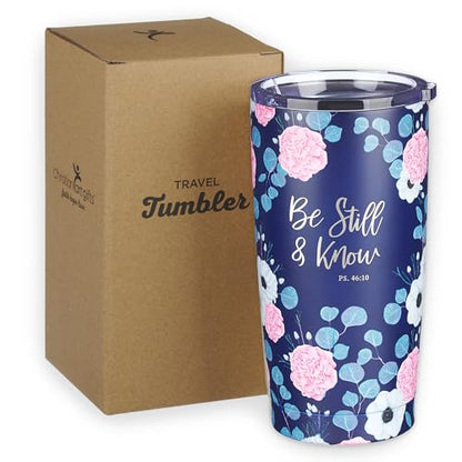 Christian Art Gifts Stainless Steel Double-Wall Vacuum Insulated Travel Mug 18 oz Navy Blue with Pink Floral Tumbler with Lid for Women with Inspirational Bible Verse - Be Still & Know -Psalm 46:10 - color: Navy Blue/Be Still