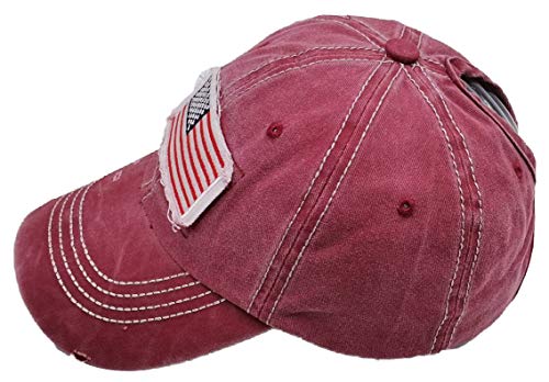 Women American Flag Ponytail Hat, Embroidery Adjustable Washed Distressed Messy Bun Baseball Cap … - color: Us Flag -Red