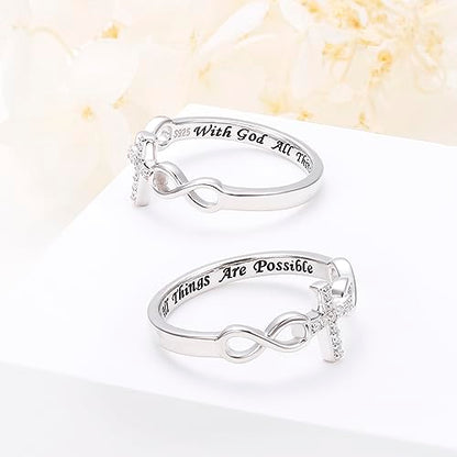 Alphm S925 Sterling Silver Christian Cross Infinity Inspirational Faith Bible Verse Ring for Women Teen Jewelry - size: 8