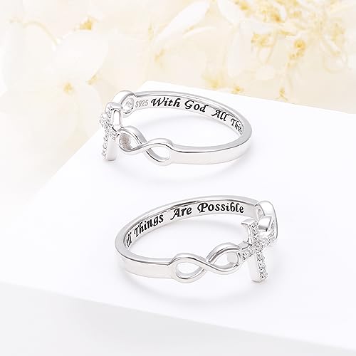 Alphm S925 Sterling Silver Christian Cross Infinity Inspirational Faith Bible Verse Ring for Women Teen Jewelry - size: 7
