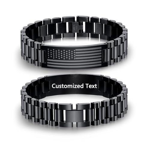 P. BLAKE American Flag Bible Verse Bracelet for Men, Stainless Steel Engraved Scripture Bracelet Christian Religious Christmas Birthday Jewelry Gifts - color: Black, size: Custom