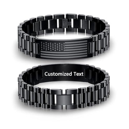 P. BLAKE American Flag Bible Verse Bracelet for Men, Stainless Steel Engraved Scripture Bracelet Christian Religious Christmas Birthday Jewelry Gifts - color: Black, size: Custom