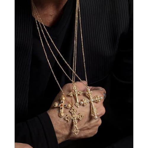 Layered Cross Necklace Silver Set for Women, 4-Piece Chunky Pearl Cross Stack Christian Necklaces, Adjustable Vintage Long Y Boho Gothic Statement Jewelry Gift - style: Gold 1-4Pcs