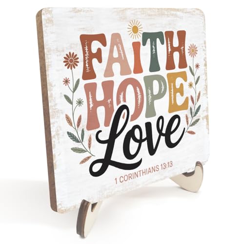 Christian Gifts Desk Decor Rustic Wood Sign, Boho Faith Religious Bible Verse Quotes Decorative Desk Accessories for Home Living Room Decor Office Accessories Bohemian Floral Table Shelf Wooden Sign - color: FaithHopeLove