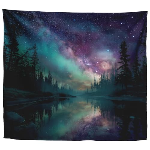 Aurora Borealis Forest Lake Tapestry, Night Sky Decor, 60 x 50 Inches - color: Teal/Cyan