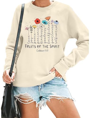 KIDDAD Christian Sweatshirts for Women Jesus Sweatshirt Bible Verse Sweatshirt Fruits of the Spirit Long Sleeve Pullover - color: Apricot, size: X-Large