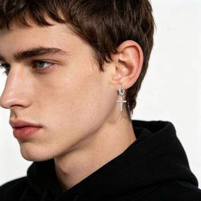 NEWITIN CZ Cross Earrings for Men Women 14K Gold Plated Huggie Hoop Earring - color: Silver B