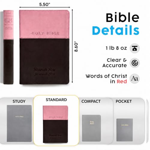Printualist Personalized NLT Bible, Custom Engraved Name and Scripture Reference, Red Letter New Living Translation Text, Two-Tone Faux Leather Christian Gift for Church Use, Pink and Dark Brown - color: Pink/Dark Brown Tutone